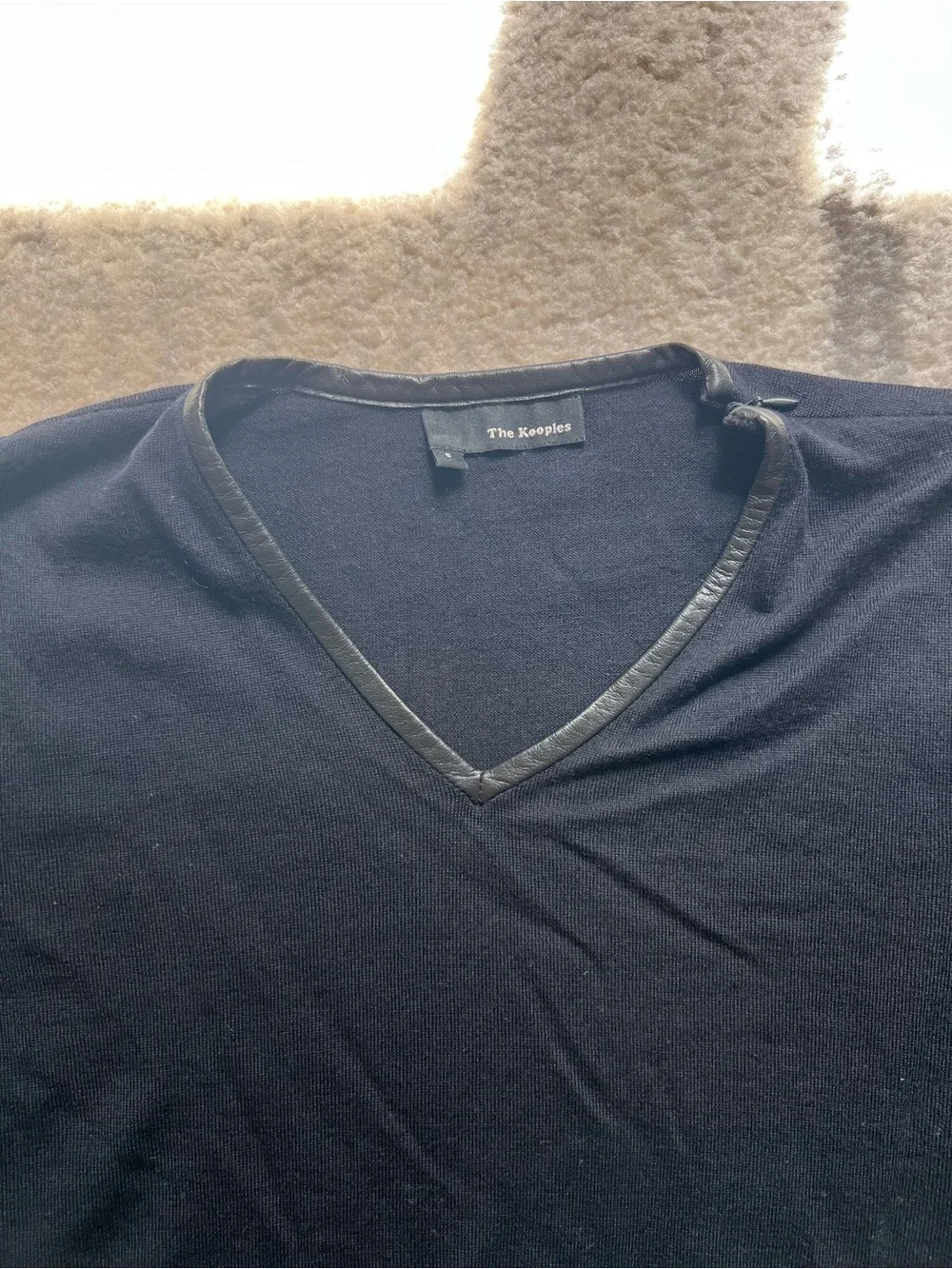 The Kooples Men’s Size S Merino Wool V-Neck Sweater with Lambskin Leather Trim